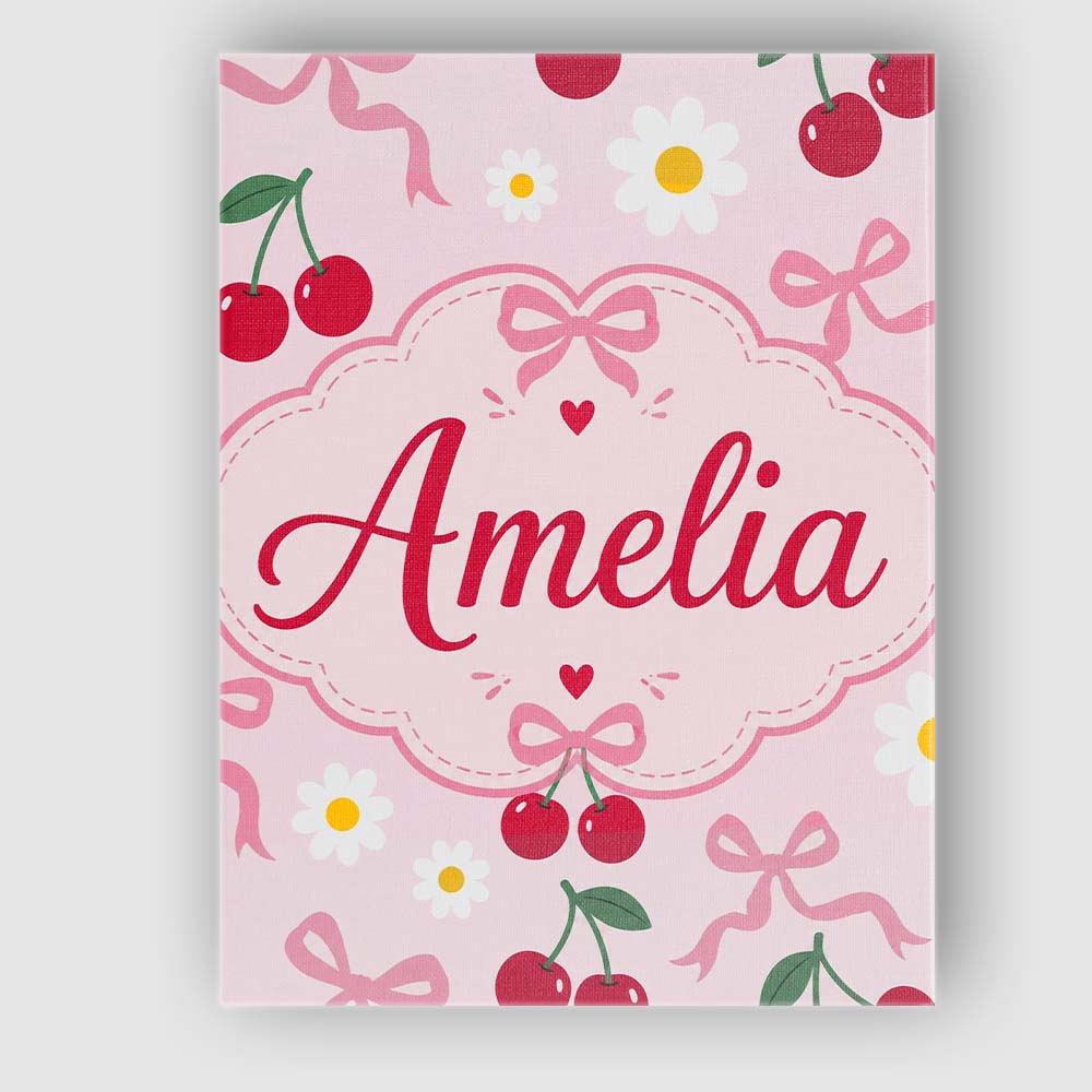 Personalised Name Cute Cherry and Daisy Custom Modern Room Accent Elegant Feature Canvas Wall Art Print Decor Picture Ready to Hang