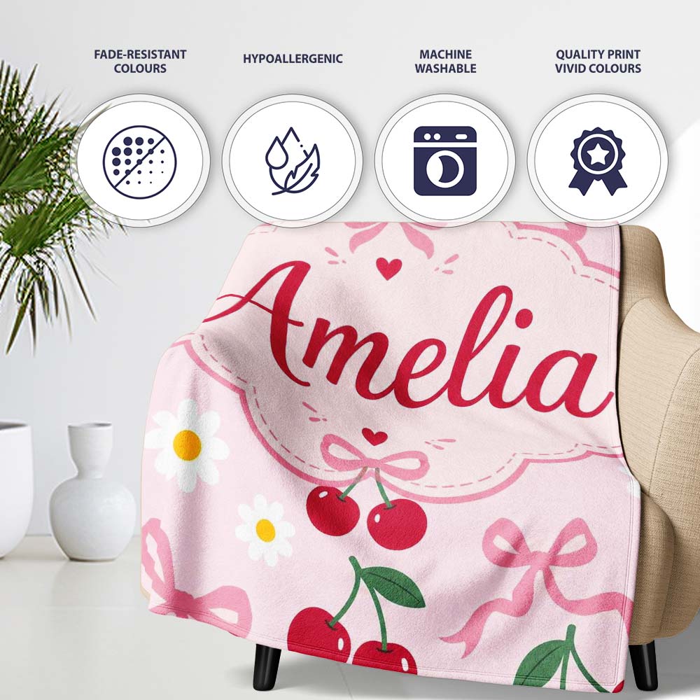 Cute Cherry and Daisy Flowers with Pink Ribbon Bows Soft Pink Lovely Personalised Custom Name Super Soft Fleece Blanket Bed Sofa Throw