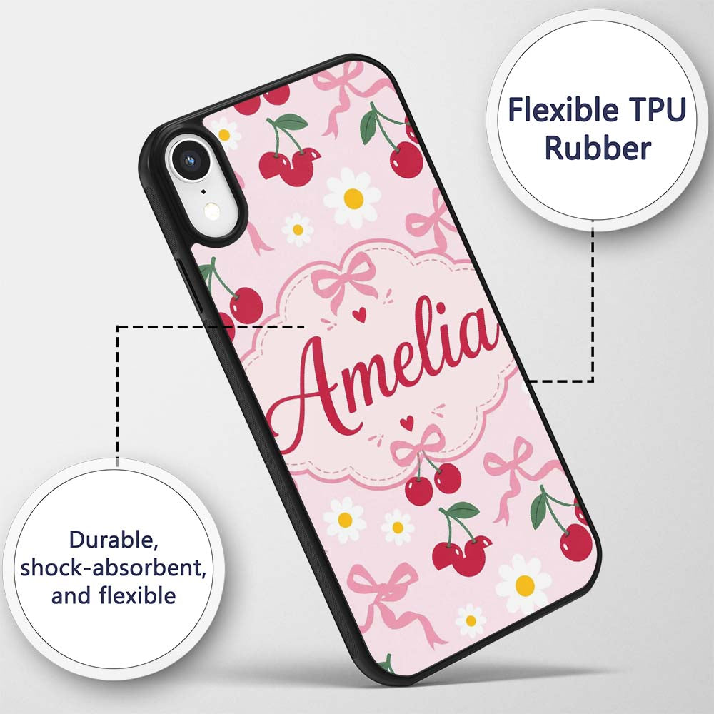 Cute Cherry and Daisy Flowers with Pink Ribbon Custom Name Protective Phone Case Mobile Cover Durable Everyday Smartphone Shock Resistant