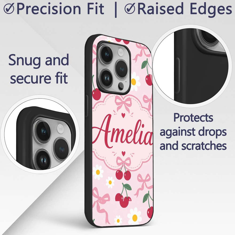 Cute Cherry and Daisy Flowers with Pink Ribbon Custom Name Protective Phone Case Mobile Cover Durable Everyday Smartphone Shock Resistant