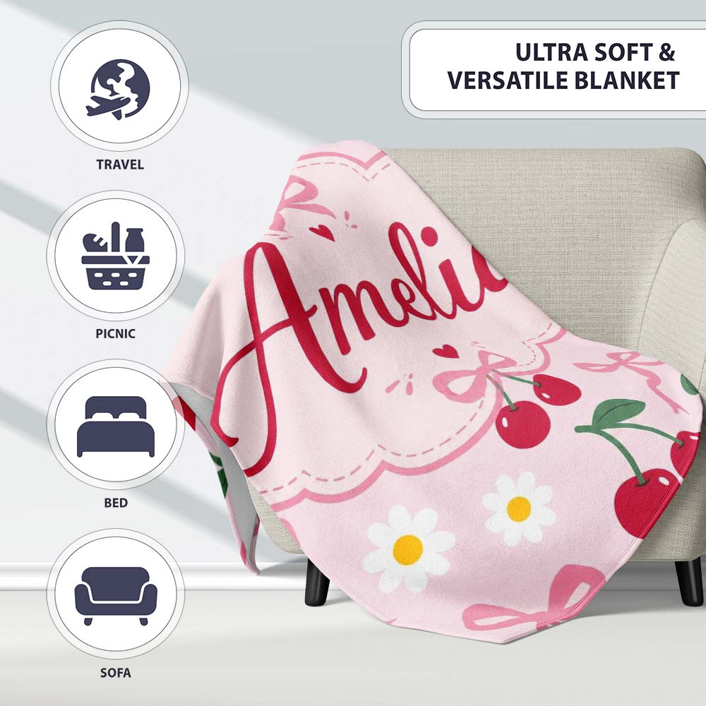 Cute Cherry and Daisy Flowers with Pink Ribbon Bows Soft Pink Lovely Personalised Custom Name Super Soft Fleece Blanket Bed Sofa Throw