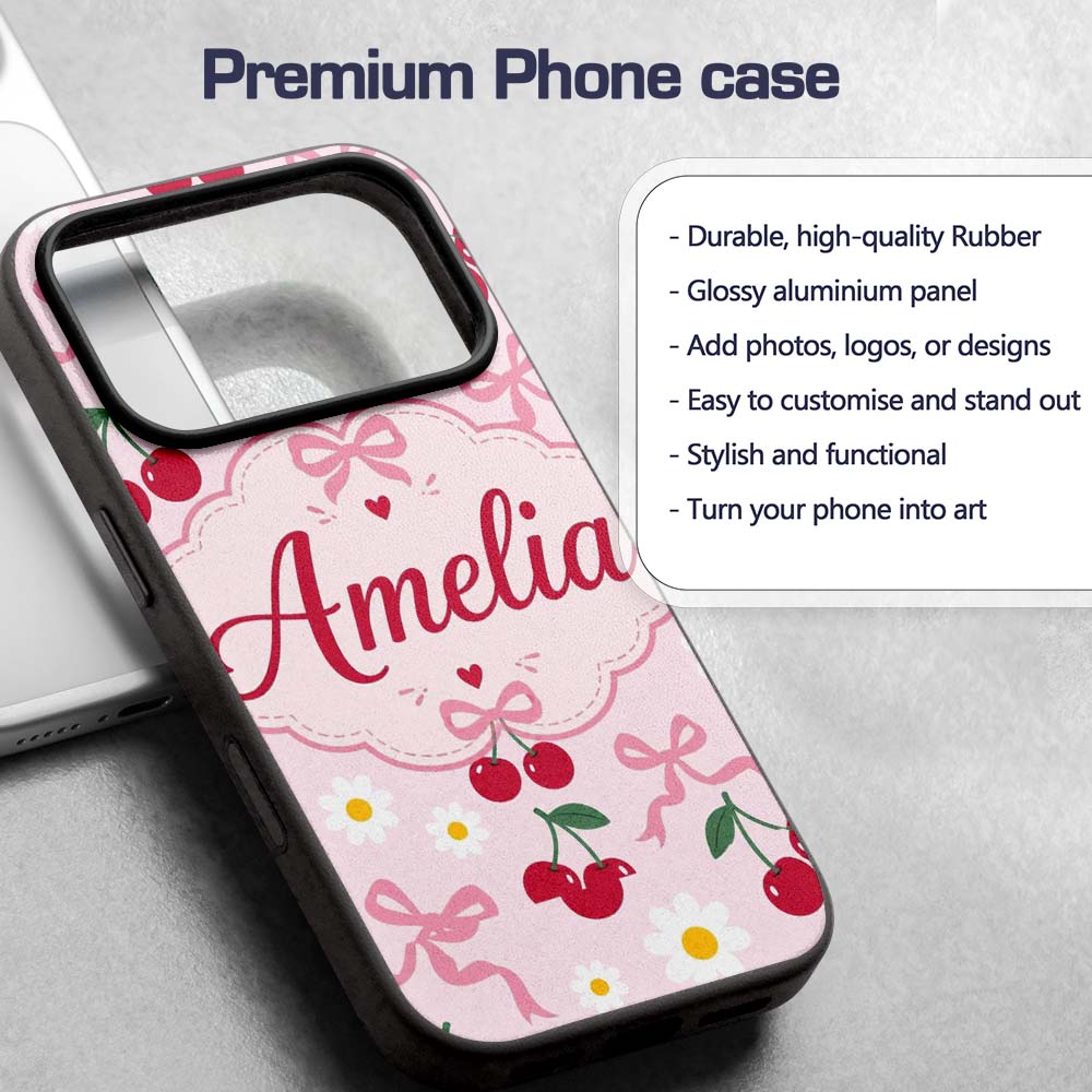 Cute Cherry and Daisy Flowers with Pink Ribbon Custom Name Protective Phone Case Mobile Cover Durable Everyday Smartphone Shock Resistant