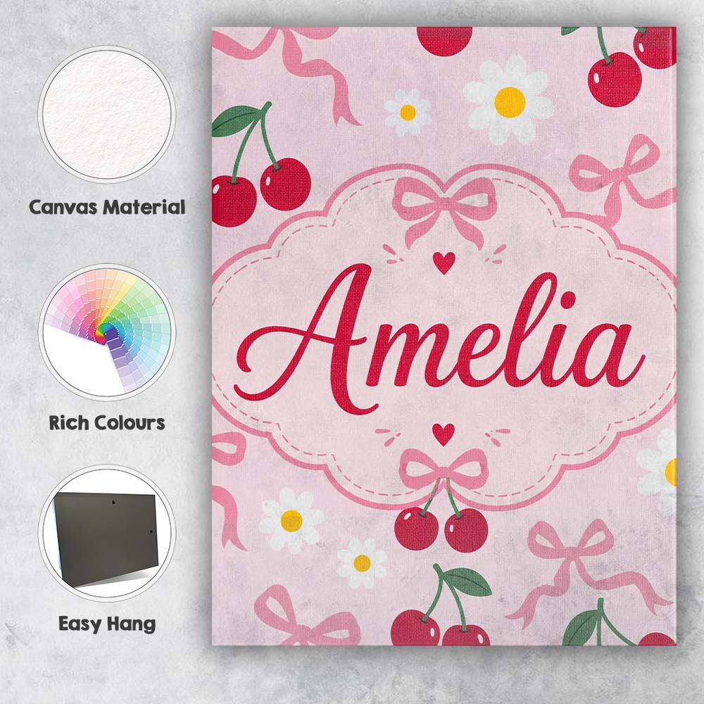 Personalised Name Cute Cherry and Daisy Custom Modern Room Accent Elegant Feature Canvas Wall Art Print Decor Picture Ready to Hang