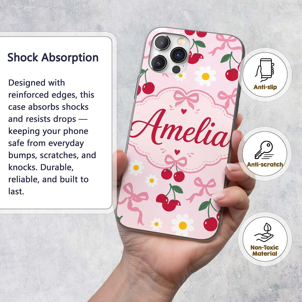 Cute Cherry and Daisy Flowers with Pink Ribbon Custom Name Protective Phone Case Mobile Cover Durable Everyday Smartphone Shock Resistant