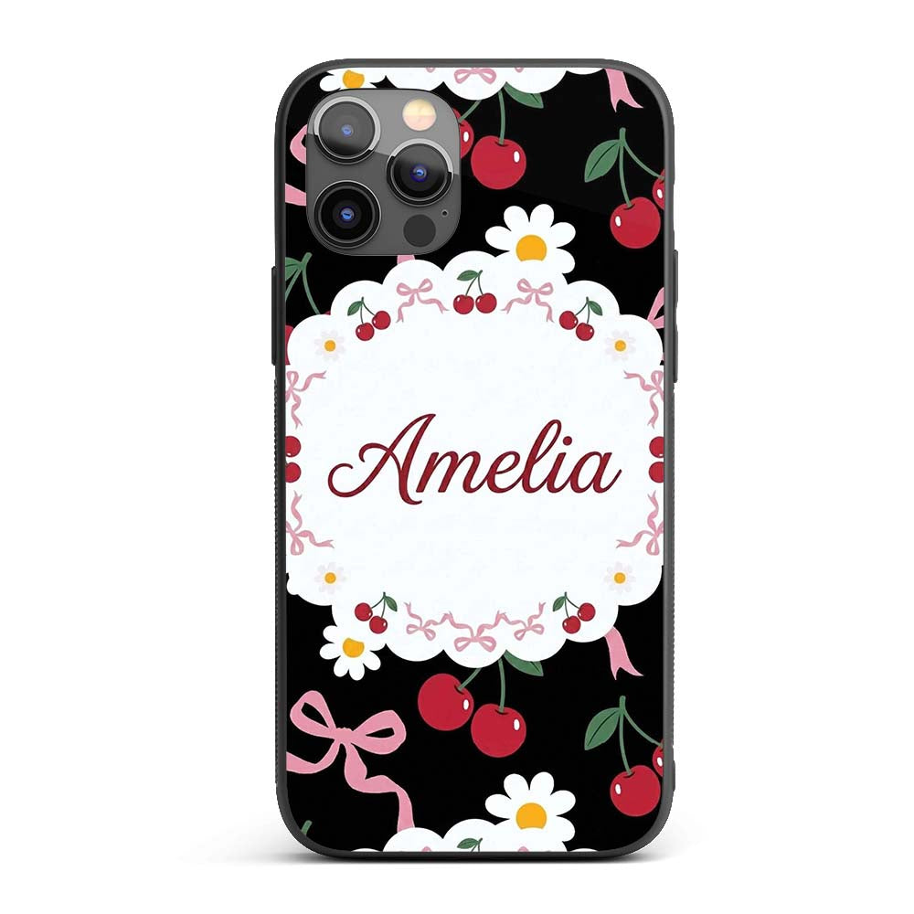 Cute Cherry and Daisy Flowers with Pink Ribbon Custom Name Protective Phone Case Mobile Cover Durable Everyday Smartphone Shock Resistant