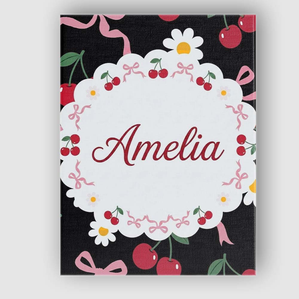 Personalised Name Cute Cherry and Daisy Custom Modern Room Accent Elegant Feature Canvas Wall Art Print Decor Picture Ready to Hang