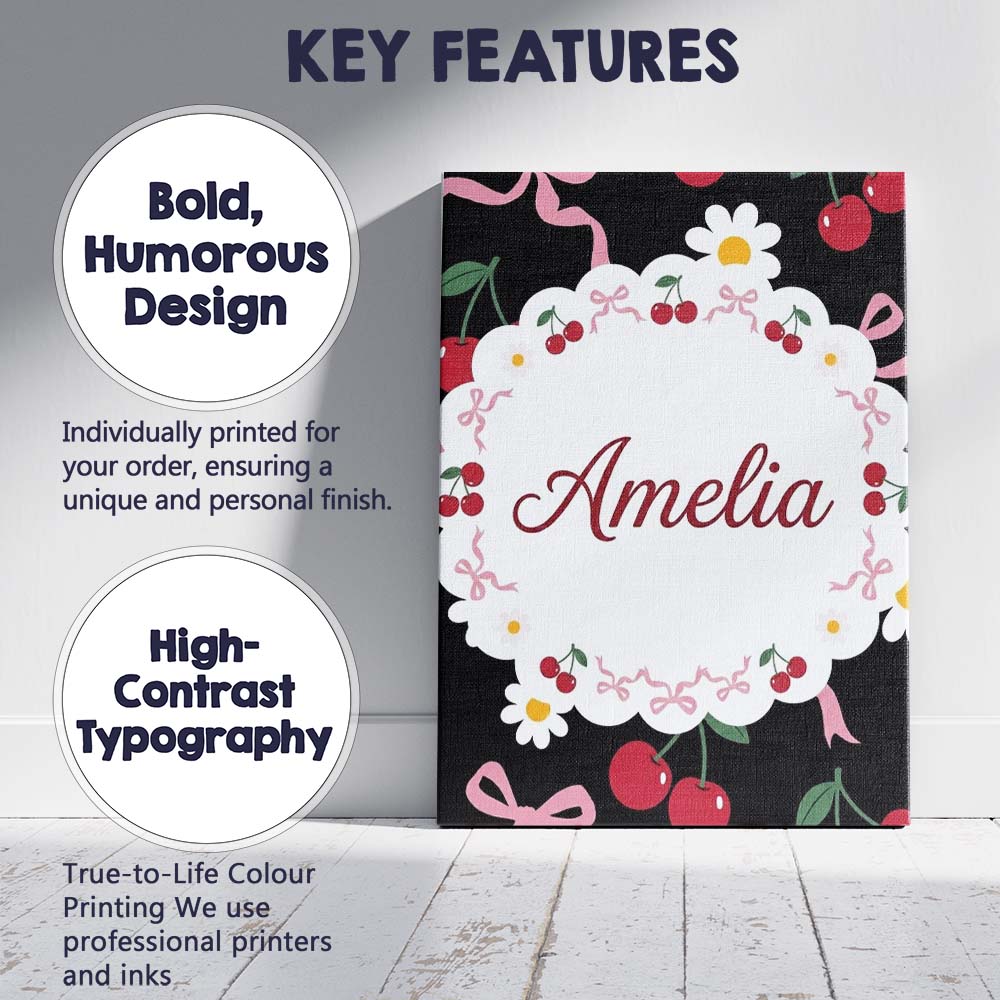 Personalised Name Cute Cherry and Daisy Custom Modern Room Accent Elegant Feature Canvas Wall Art Print Decor Picture Ready to Hang