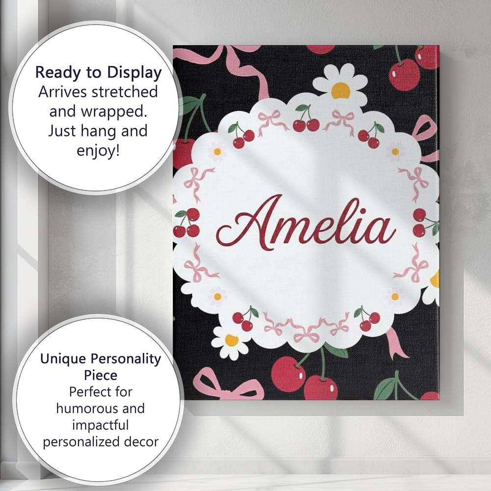 Personalised Name Cute Cherry and Daisy Custom Modern Room Accent Elegant Feature Canvas Wall Art Print Decor Picture Ready to Hang