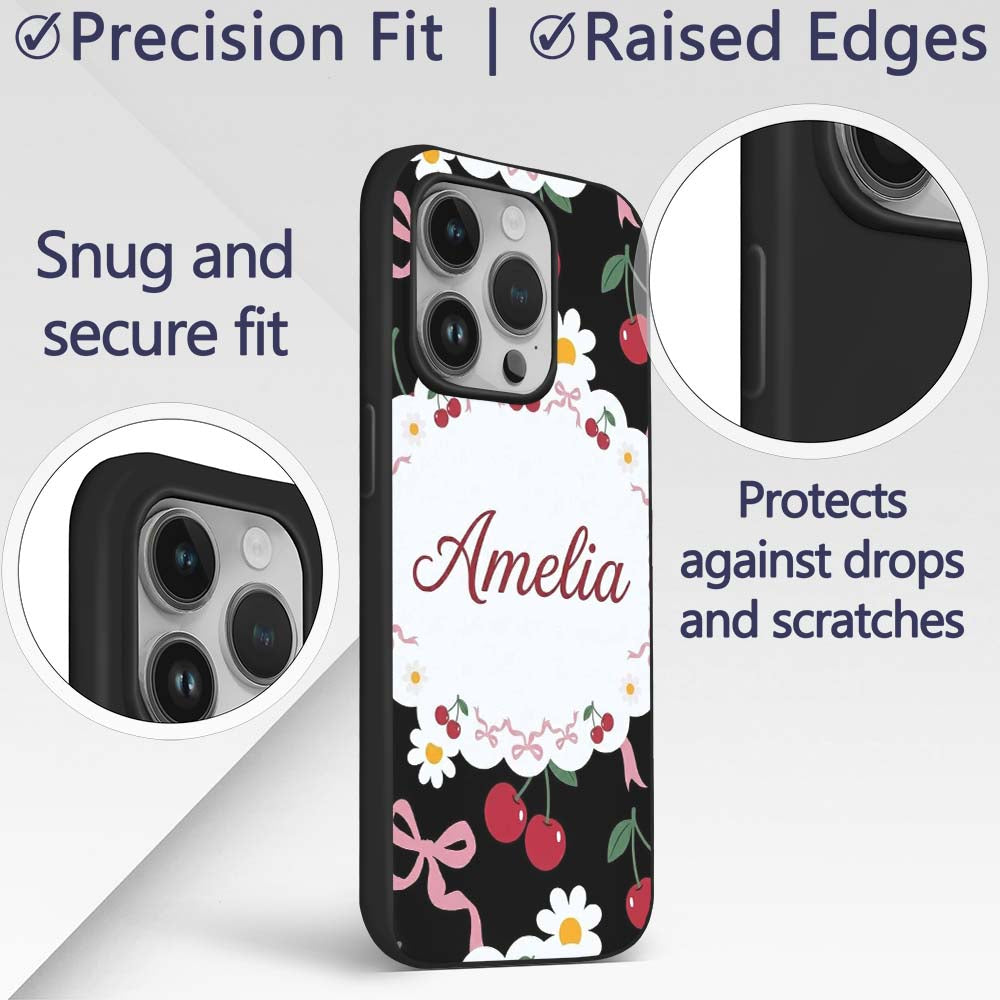 Cute Cherry and Daisy Flowers with Pink Ribbon Custom Name Protective Phone Case Mobile Cover Durable Everyday Smartphone Shock Resistant