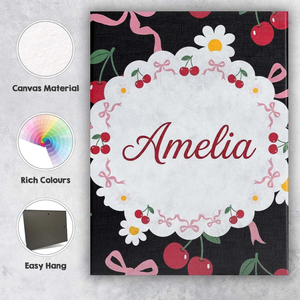 Personalised Name Cute Cherry and Daisy Custom Modern Room Accent Elegant Feature Canvas Wall Art Print Decor Picture Ready to Hang
