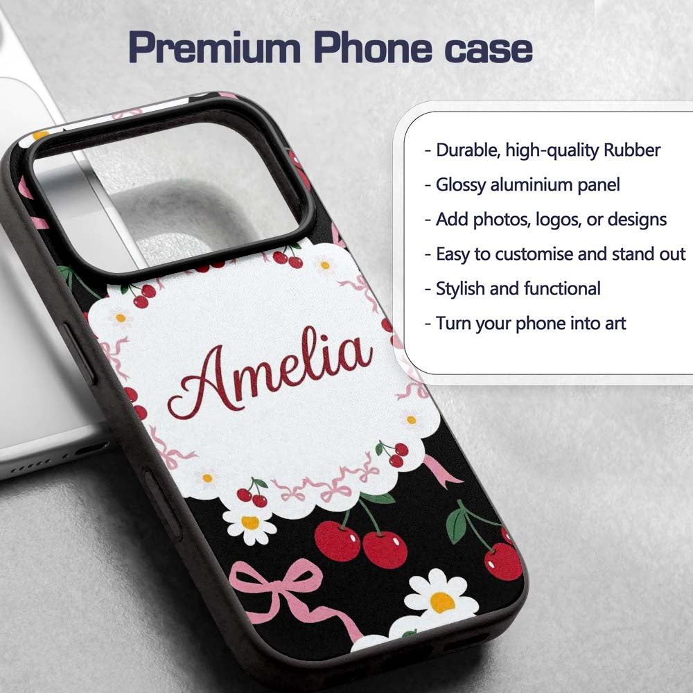 Cute Cherry and Daisy Flowers with Pink Ribbon Custom Name Protective Phone Case Mobile Cover Durable Everyday Smartphone Shock Resistant