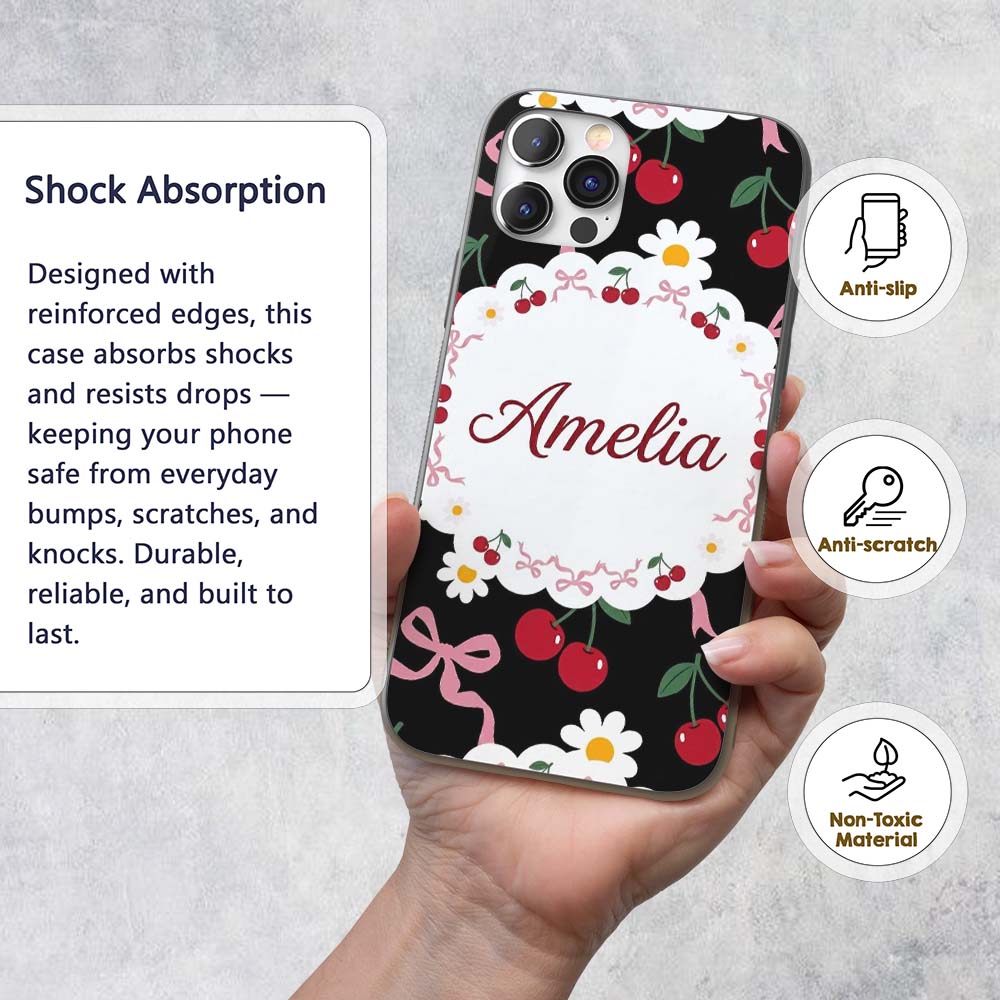 Cute Cherry and Daisy Flowers with Pink Ribbon Custom Name Protective Phone Case Mobile Cover Durable Everyday Smartphone Shock Resistant