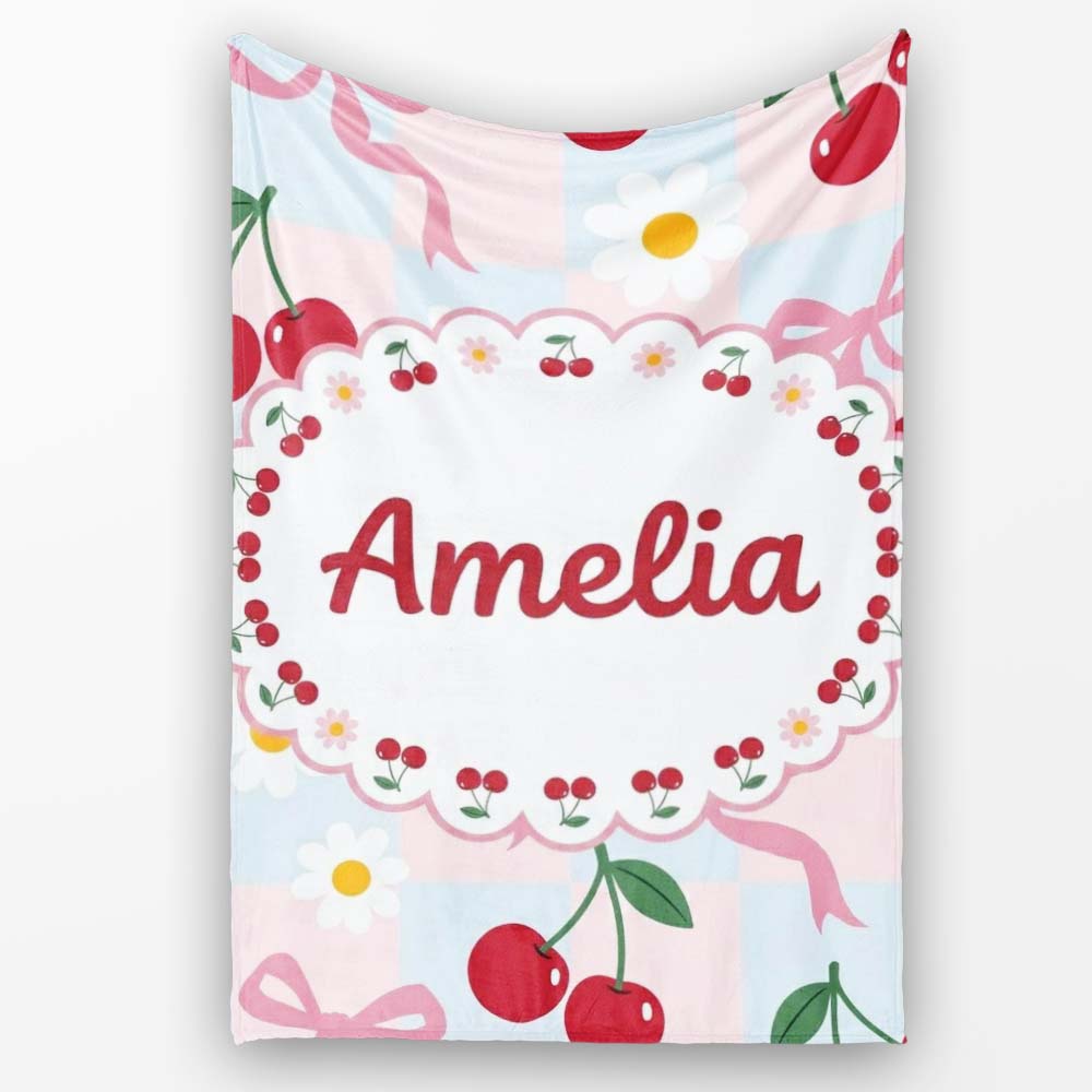 Cute Cherry and Daisy Flowers with Pink Ribbon Bows Blue Check Personalised Custom Name Super Soft Fleece Blanket Bed Sofa Throw