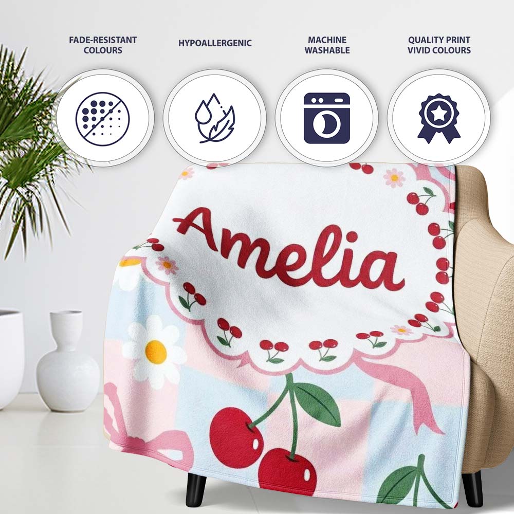 Cute Cherry and Daisy Flowers with Pink Ribbon Bows Blue Check Personalised Custom Name Super Soft Fleece Blanket Bed Sofa Throw