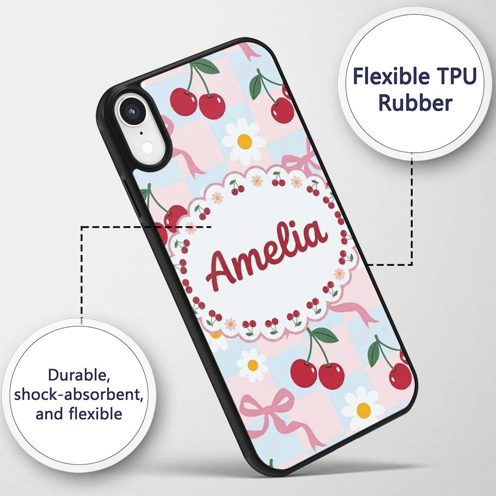 Cute Cherry and Daisy Flowers with Pink Ribbon Custom Name Protective Phone Case Mobile Cover Durable Everyday Smartphone Shock Resistant