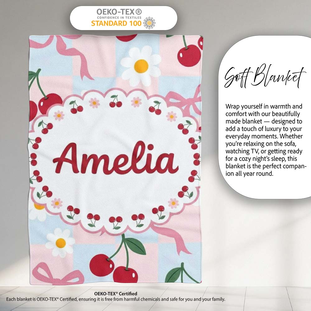 Cute Cherry and Daisy Flowers with Pink Ribbon Bows Blue Check Personalised Custom Name Super Soft Fleece Blanket Bed Sofa Throw