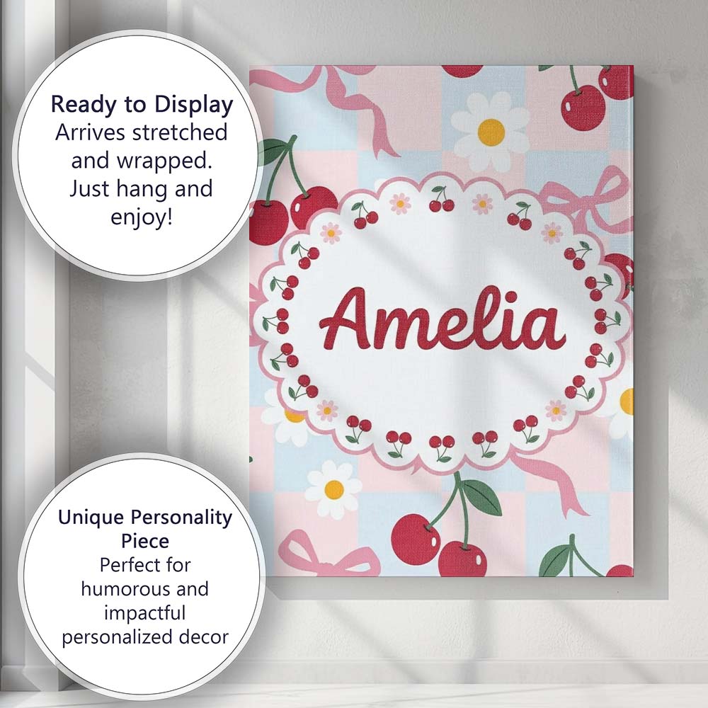 Personalised Name Cute Cherry and Daisy Custom Modern Room Accent Elegant Feature Canvas Wall Art Print Decor Picture Ready to Hang