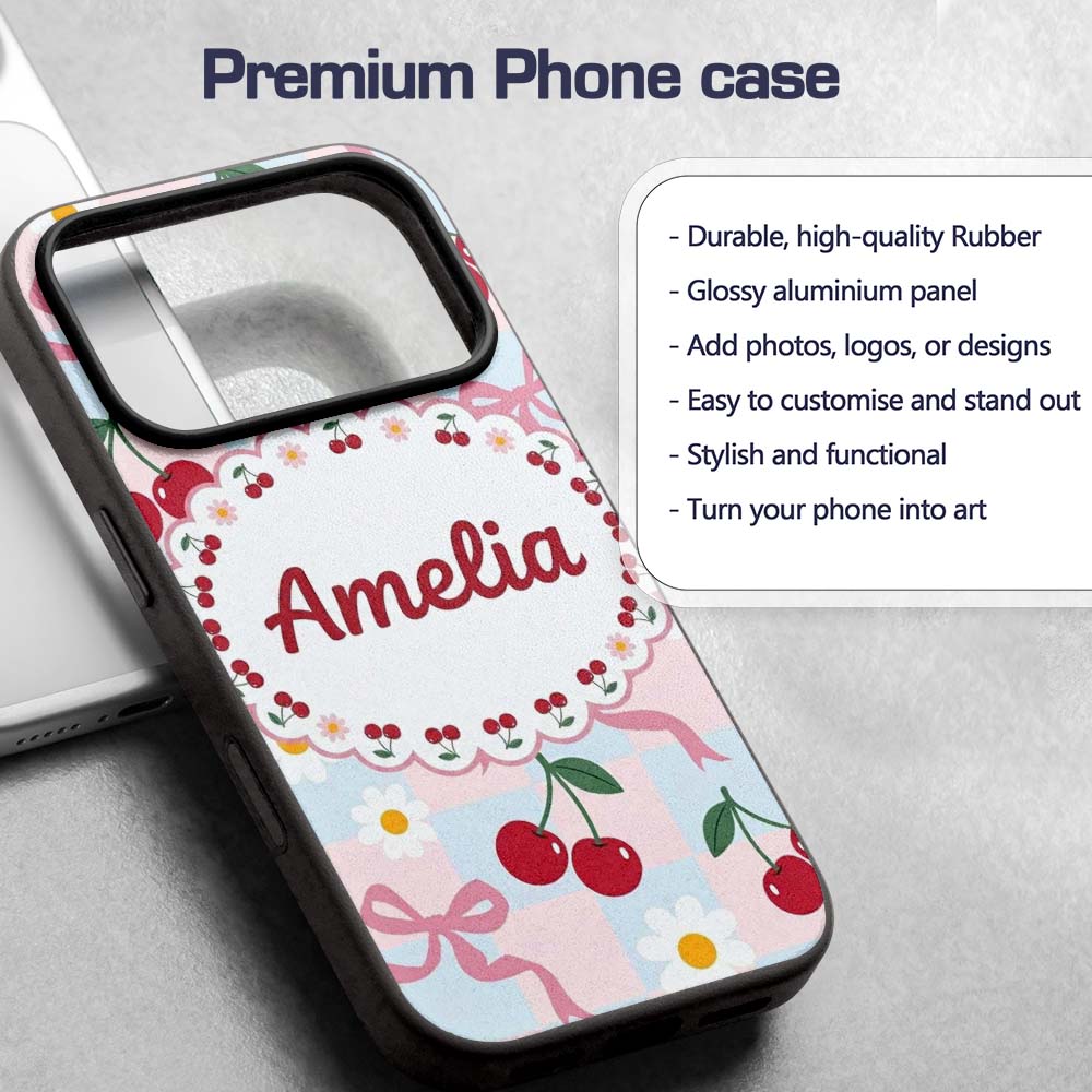 Cute Cherry and Daisy Flowers with Pink Ribbon Custom Name Protective Phone Case Mobile Cover Durable Everyday Smartphone Shock Resistant
