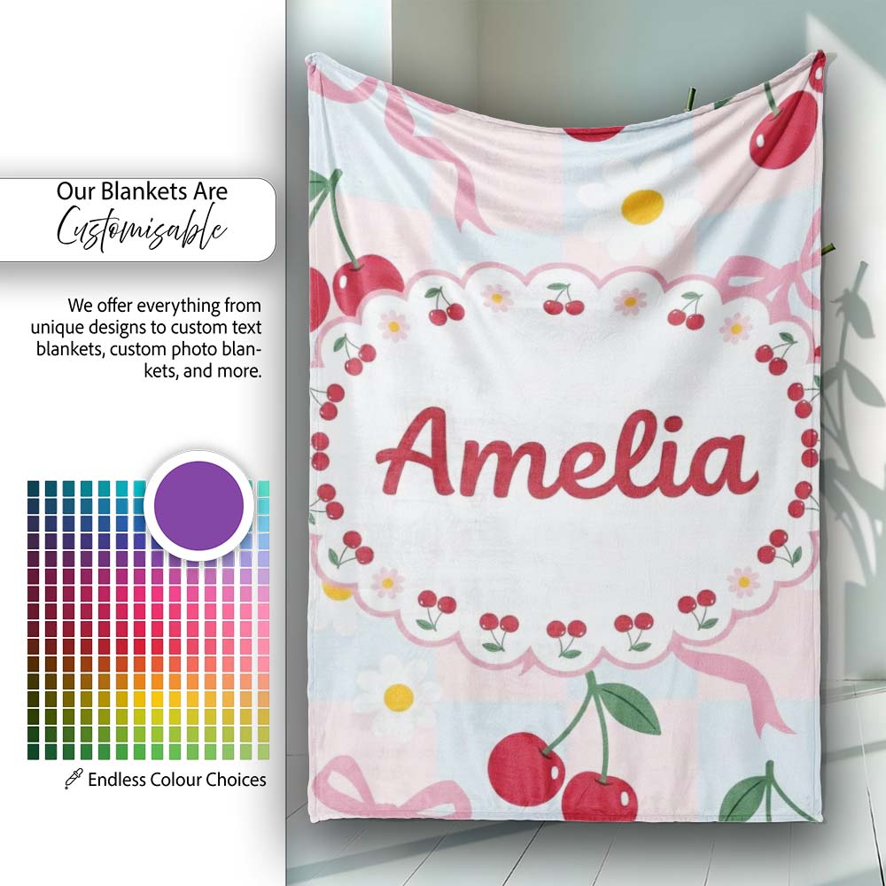 Cute Cherry and Daisy Flowers with Pink Ribbon Bows Blue Check Personalised Custom Name Super Soft Fleece Blanket Bed Sofa Throw