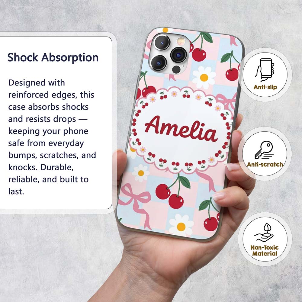 Cute Cherry and Daisy Flowers with Pink Ribbon Custom Name Protective Phone Case Mobile Cover Durable Everyday Smartphone Shock Resistant