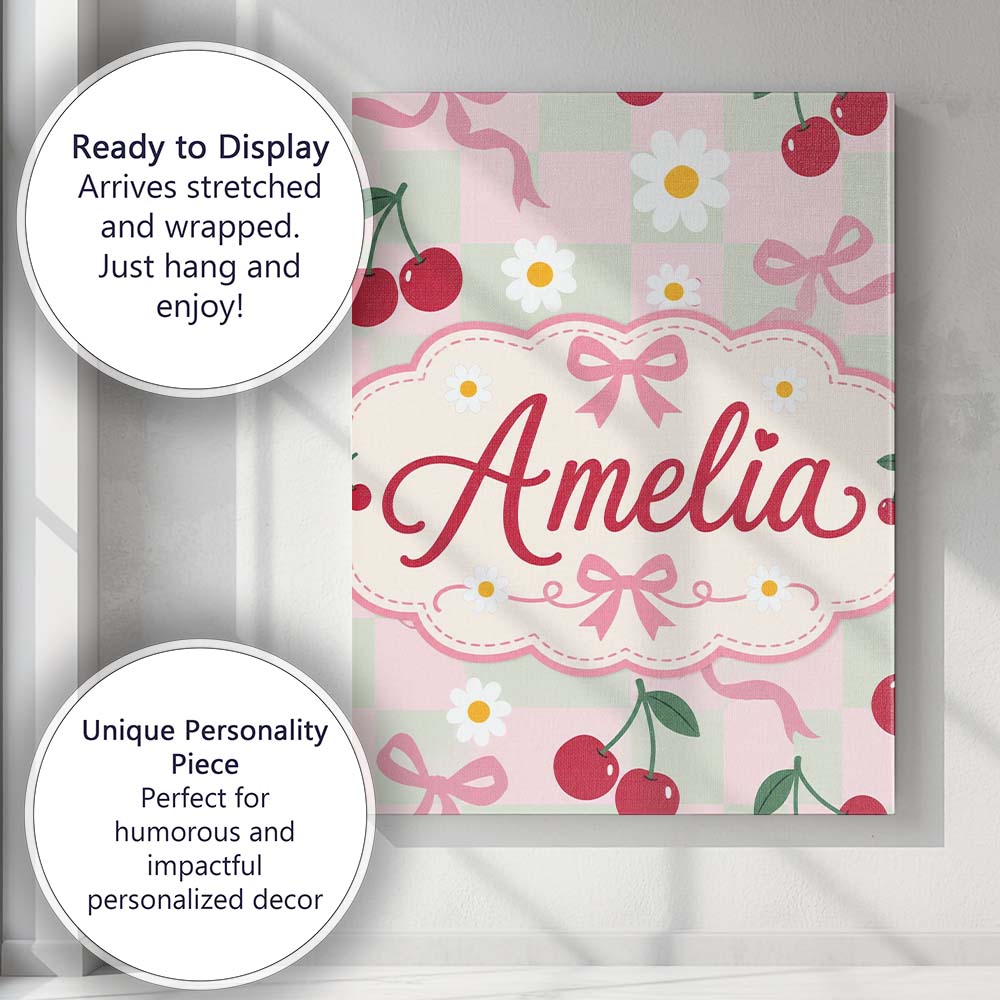 Personalised Name Cute Cherry and Daisy Custom Modern Room Accent Elegant Feature Canvas Wall Art Print Decor Picture Ready to Hang