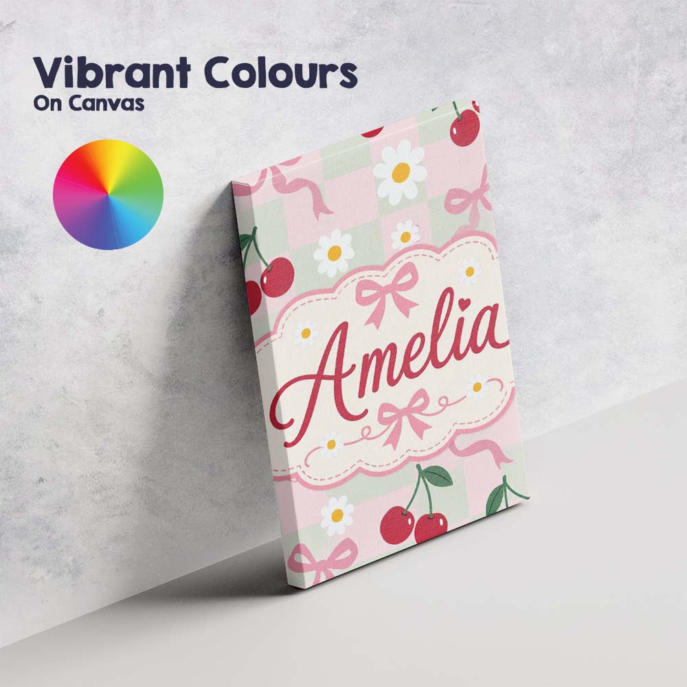 Personalised Name Cute Cherry and Daisy Custom Modern Room Accent Elegant Feature Canvas Wall Art Print Decor Picture Ready to Hang