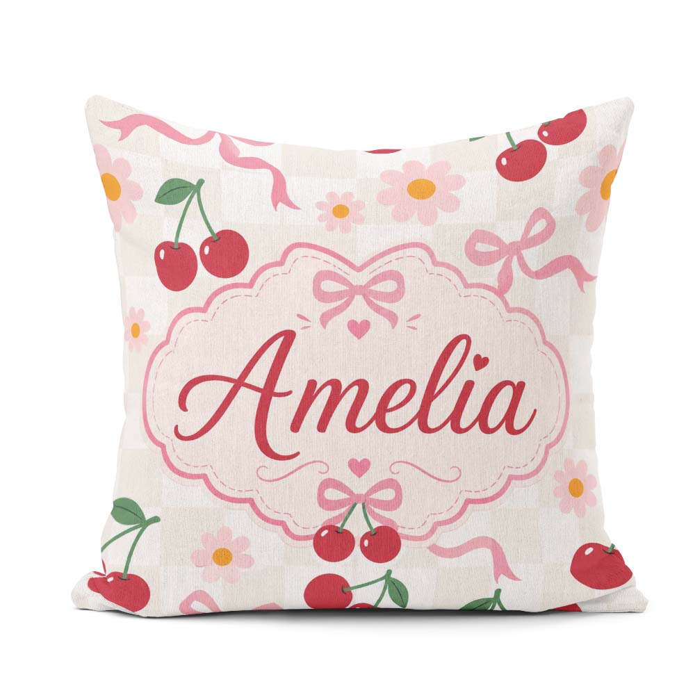 Custom Name Cherry and Daisy Flowers with Pink Ribbon Bows Check Square Filled Cushion Throw Pillow Sofa Bed Home Decor Zip Washable UK Made