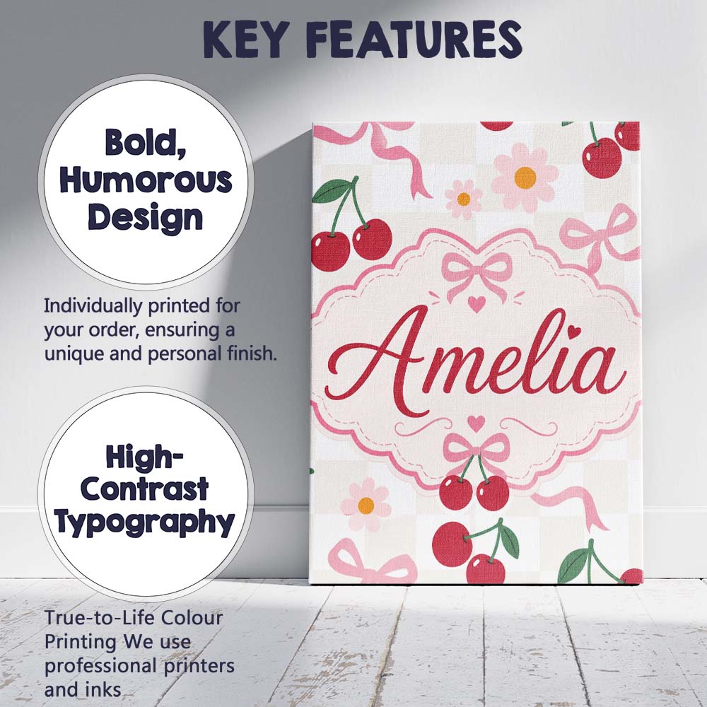 Personalised Name Cute Cherry and Daisy Custom Modern Room Accent Elegant Feature Canvas Wall Art Print Decor Picture Ready to Hang