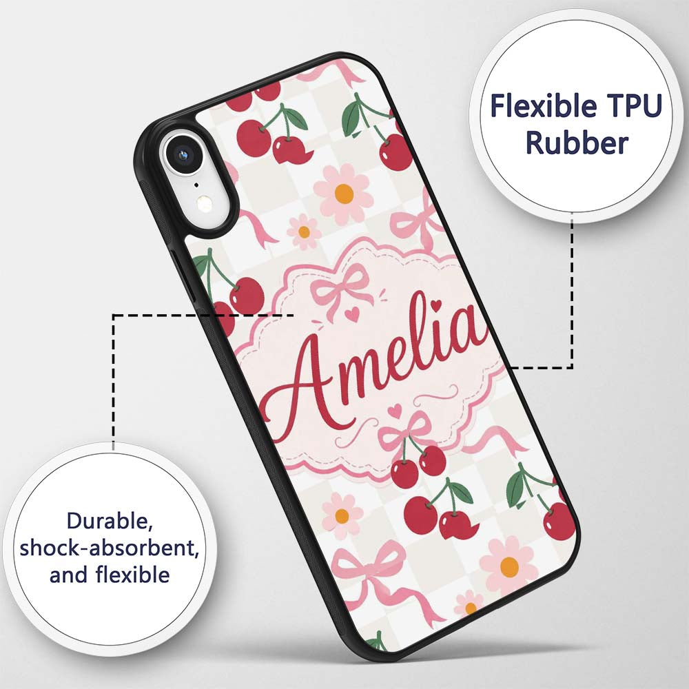 Cute Cherry and Daisy Flowers with Pink Ribbon Custom Name Protective Phone Case Mobile Cover Durable Everyday Smartphone Shock Resistant