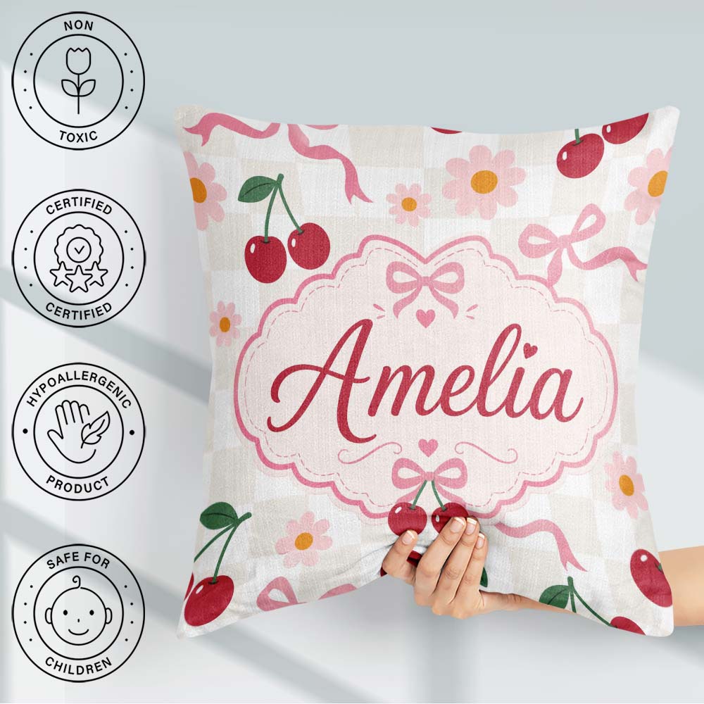 Custom Name Cherry and Daisy Flowers with Pink Ribbon Bows Check Square Filled Cushion Throw Pillow Sofa Bed Home Decor Zip Washable UK Made