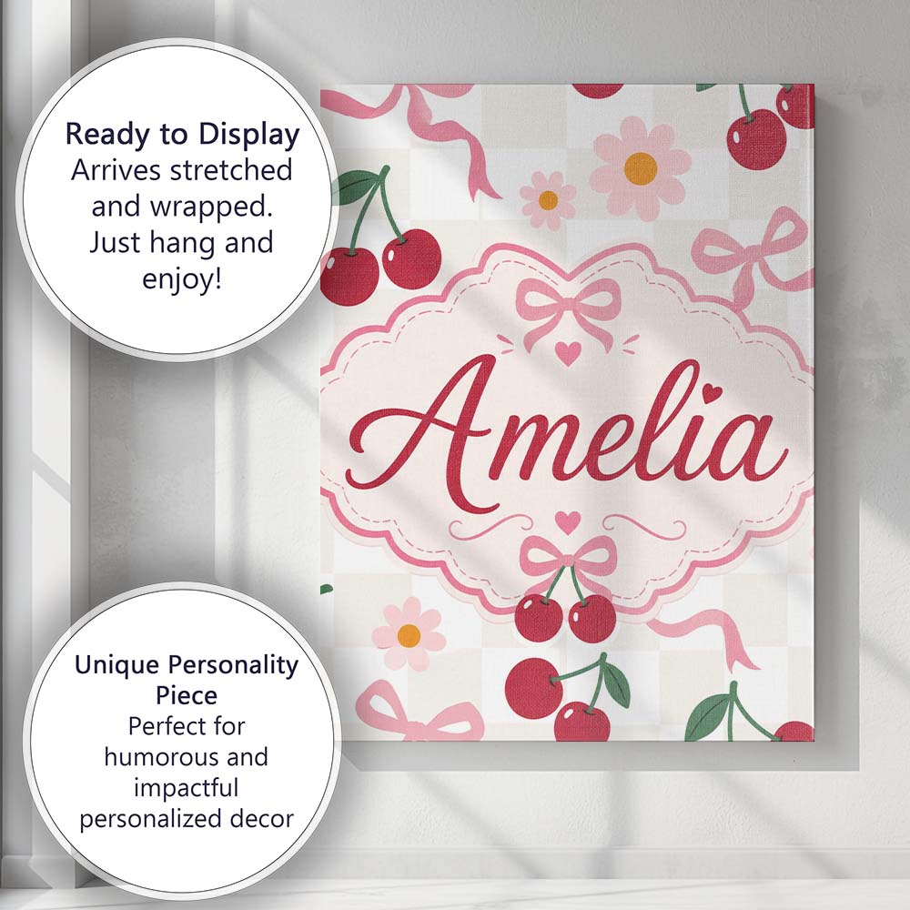 Personalised Name Cute Cherry and Daisy Custom Modern Room Accent Elegant Feature Canvas Wall Art Print Decor Picture Ready to Hang