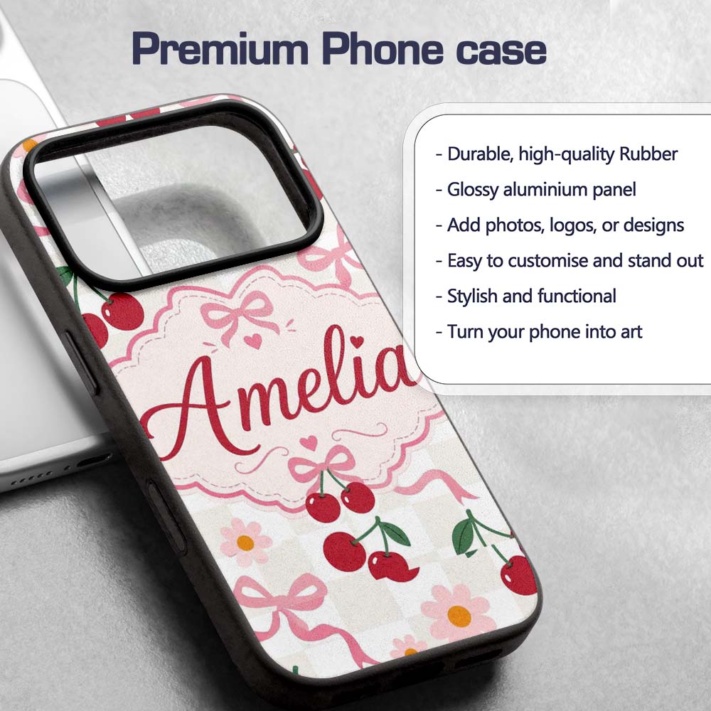 Cute Cherry and Daisy Flowers with Pink Ribbon Custom Name Protective Phone Case Mobile Cover Durable Everyday Smartphone Shock Resistant