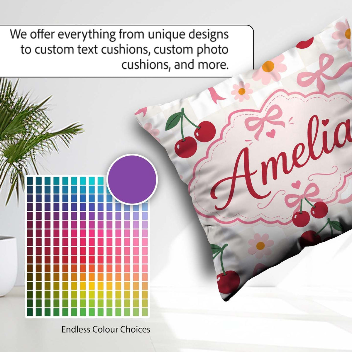 Custom Name Cherry and Daisy Flowers with Pink Ribbon Bows Check Square Filled Cushion Throw Pillow Sofa Bed Home Decor Zip Washable UK Made