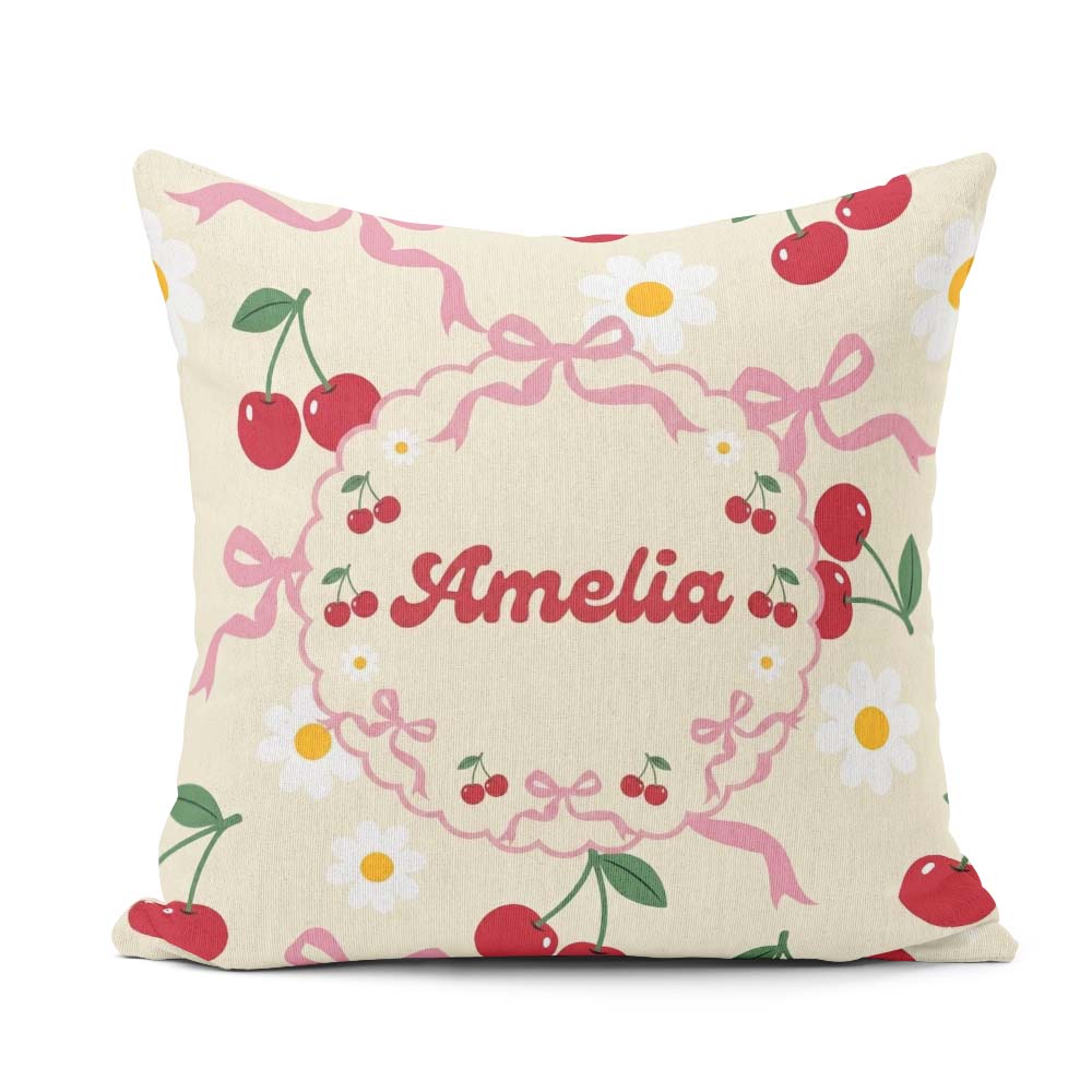 Custom Name Cherry and Daisy Flowers with Pink Ribbon Bows Cream Square Filled Cushion Throw Pillow Sofa Bed Home Decor Zip Washable UK Made