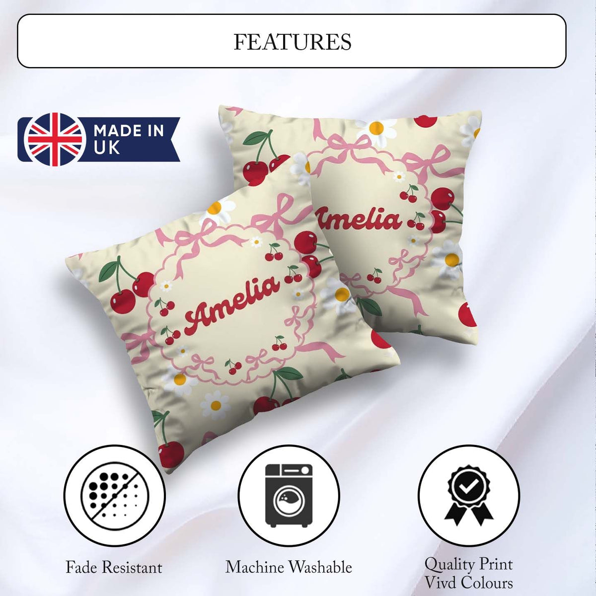 Custom Name Cherry and Daisy Flowers with Pink Ribbon Bows Cream Square Filled Cushion Throw Pillow Sofa Bed Home Decor Zip Washable UK Made