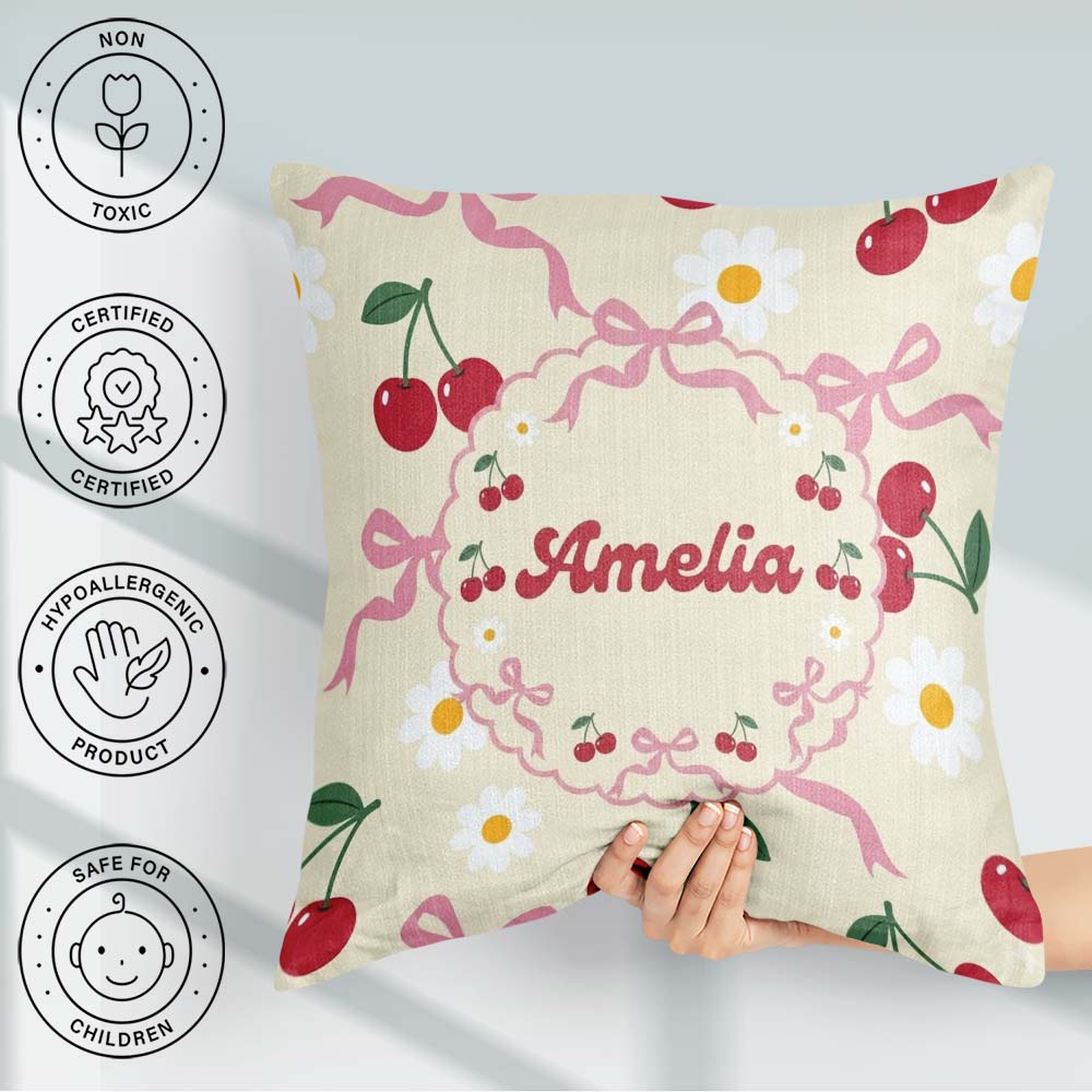 Custom Name Cherry and Daisy Flowers with Pink Ribbon Bows Cream Square Filled Cushion Throw Pillow Sofa Bed Home Decor Zip Washable UK Made