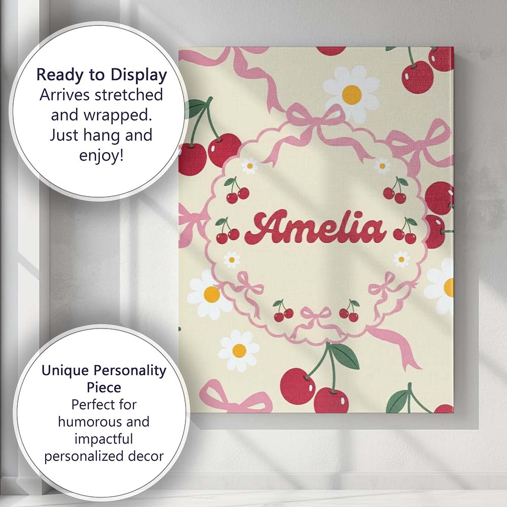 Personalised Name Cute Cherry and Daisy Custom Modern Room Accent Elegant Feature Canvas Wall Art Print Decor Picture Ready to Hang
