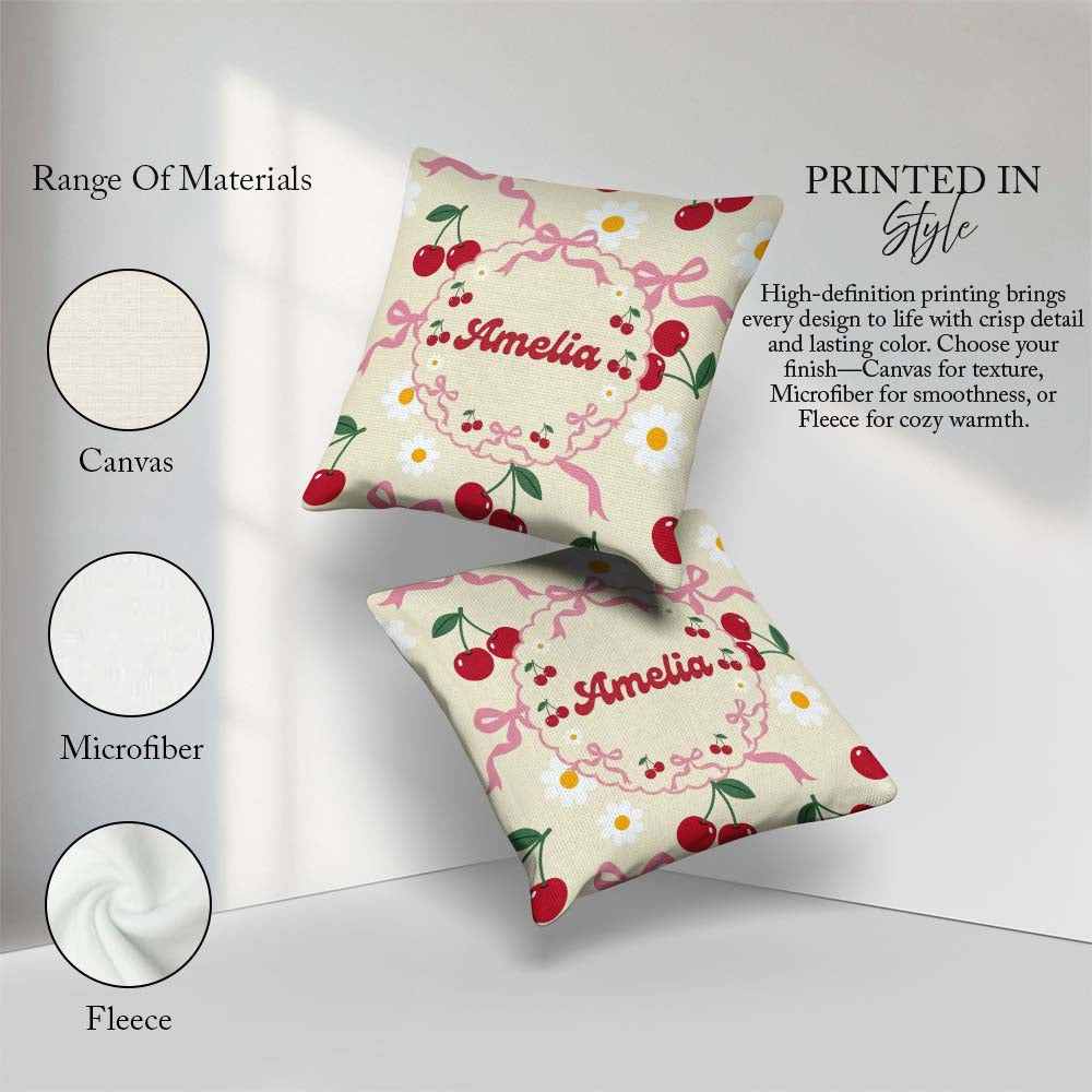 Custom Name Cherry and Daisy Flowers with Pink Ribbon Bows Cream Square Filled Cushion Throw Pillow Sofa Bed Home Decor Zip Washable UK Made