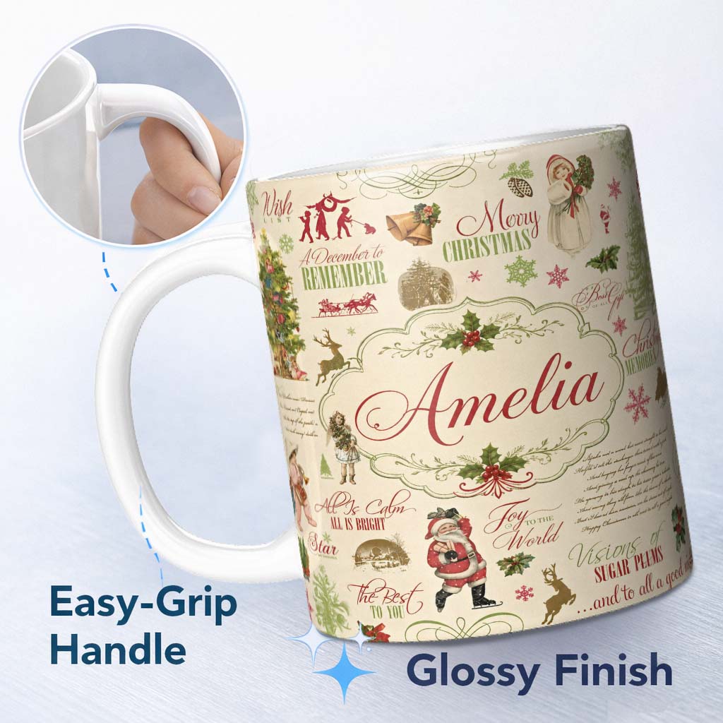 Personalized Custom Name Vintage Christmas Typography Santa Claus Collage Seamless Pattern 11oz Ceramic Coffee Tea Mug White Large Handle