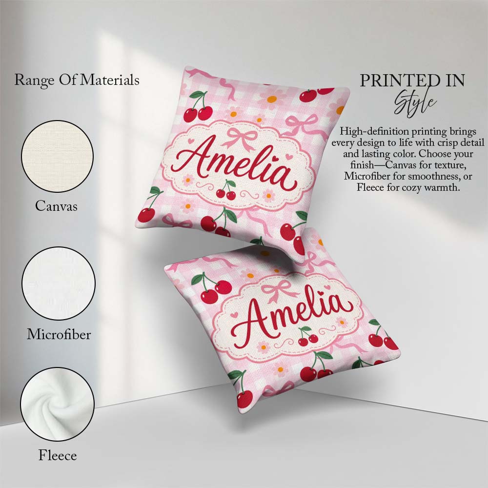 Custom Name Cherry and Daisy Flowers with Pink Bows Pink Gingham Square Filled Cushion Throw Pillow Sofa Bed Home Decor Zip Washable UK Made