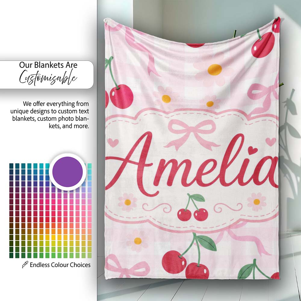 Cute Cherry and Daisy Flowers with Pink Ribbon Bows Pink Gingham Personalised Custom Name Super Soft Fleece Blanket Bed Sofa Throw