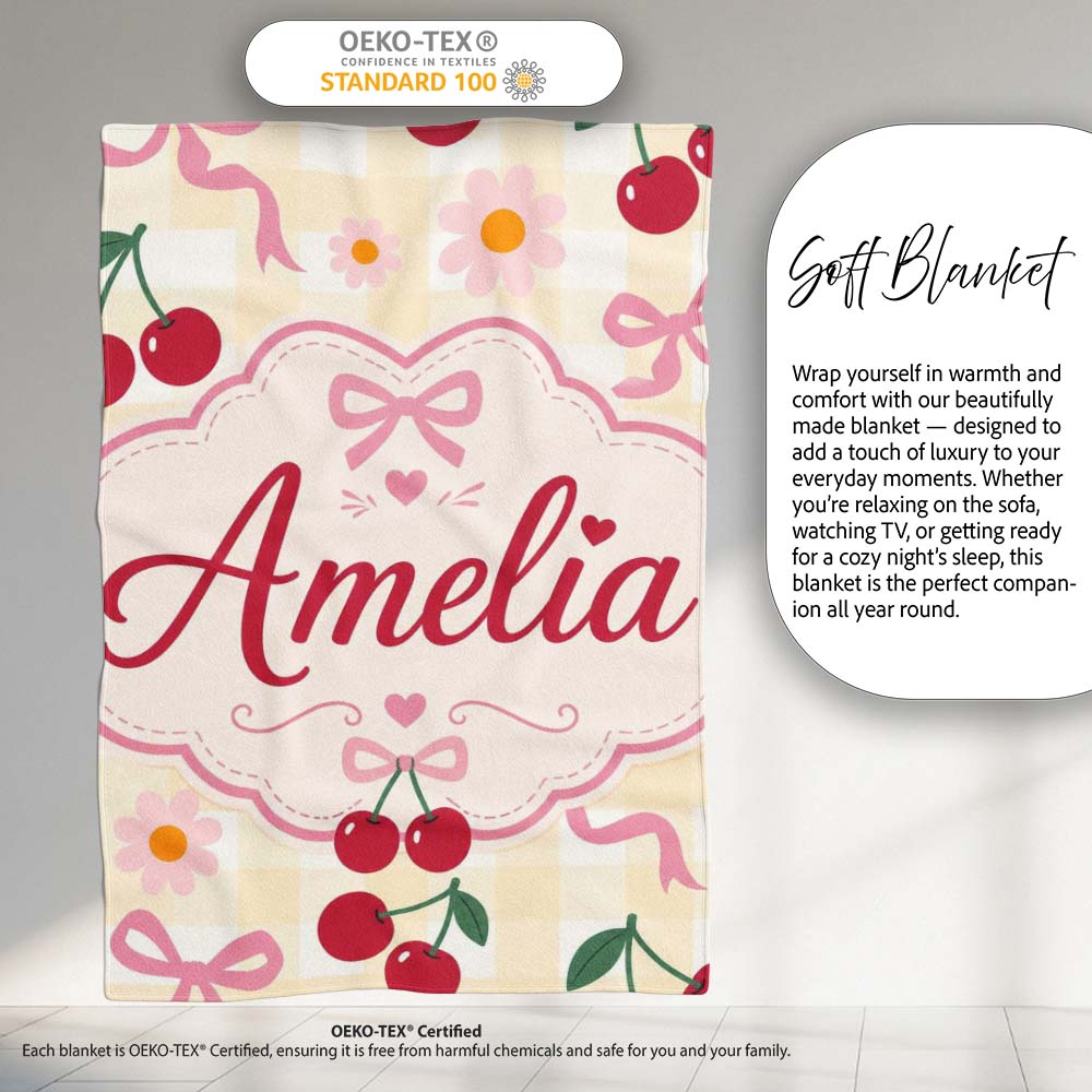 Cute Cherry and Daisy Flowers with Pink Ribbon Bows Yellow Gingham Personalised Custom Name Super Soft Fleece Blanket Bed Sofa Throw