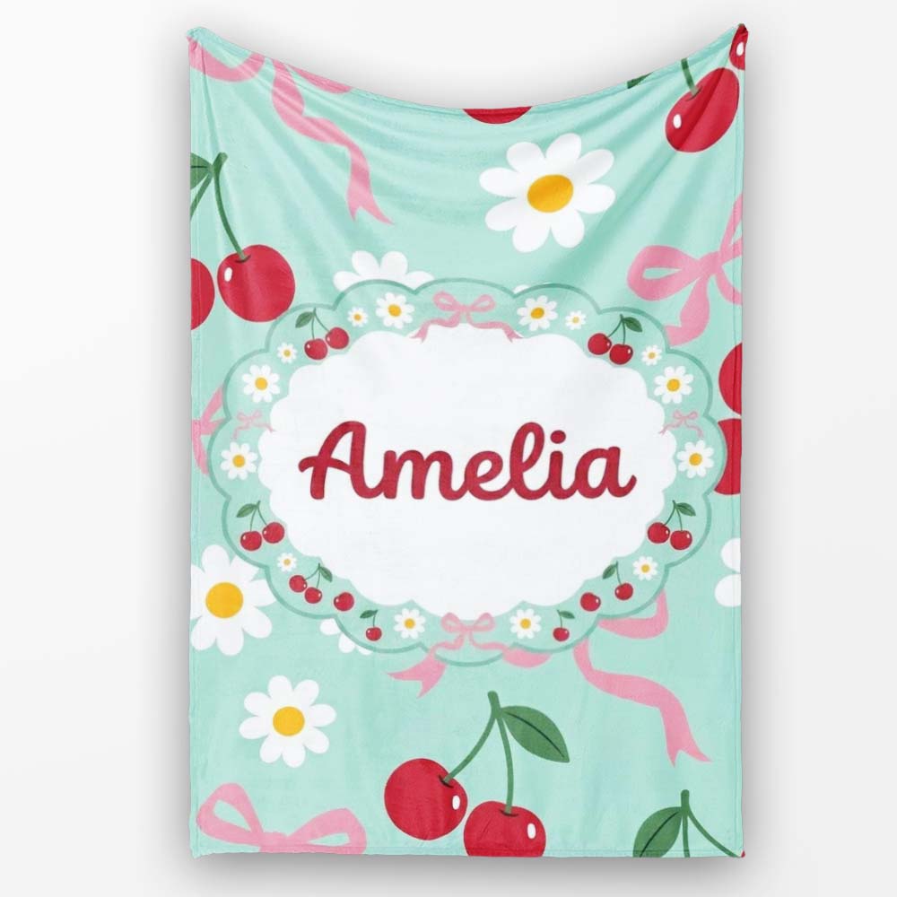 Cute Cherry and Daisy Flowers with Pink Ribbon Bows Pattern Teal Personalised Custom Name Super Soft Fleece Blanket Bed Sofa Throw