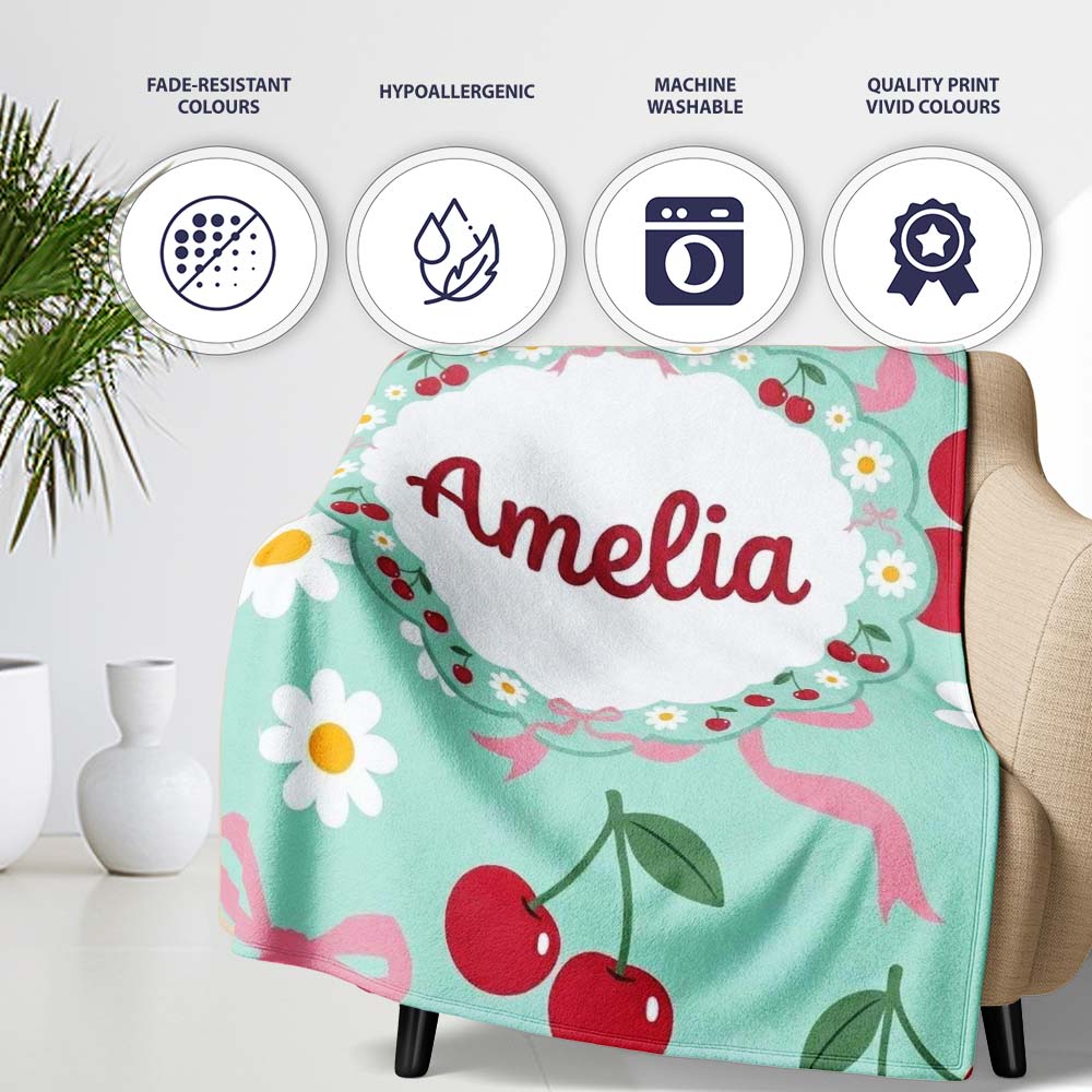 Cute Cherry and Daisy Flowers with Pink Ribbon Bows Pattern Teal Personalised Custom Name Super Soft Fleece Blanket Bed Sofa Throw