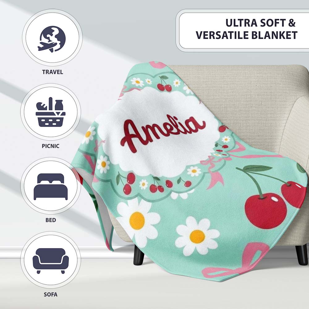Cute Cherry and Daisy Flowers with Pink Ribbon Bows Pattern Teal Personalised Custom Name Super Soft Fleece Blanket Bed Sofa Throw