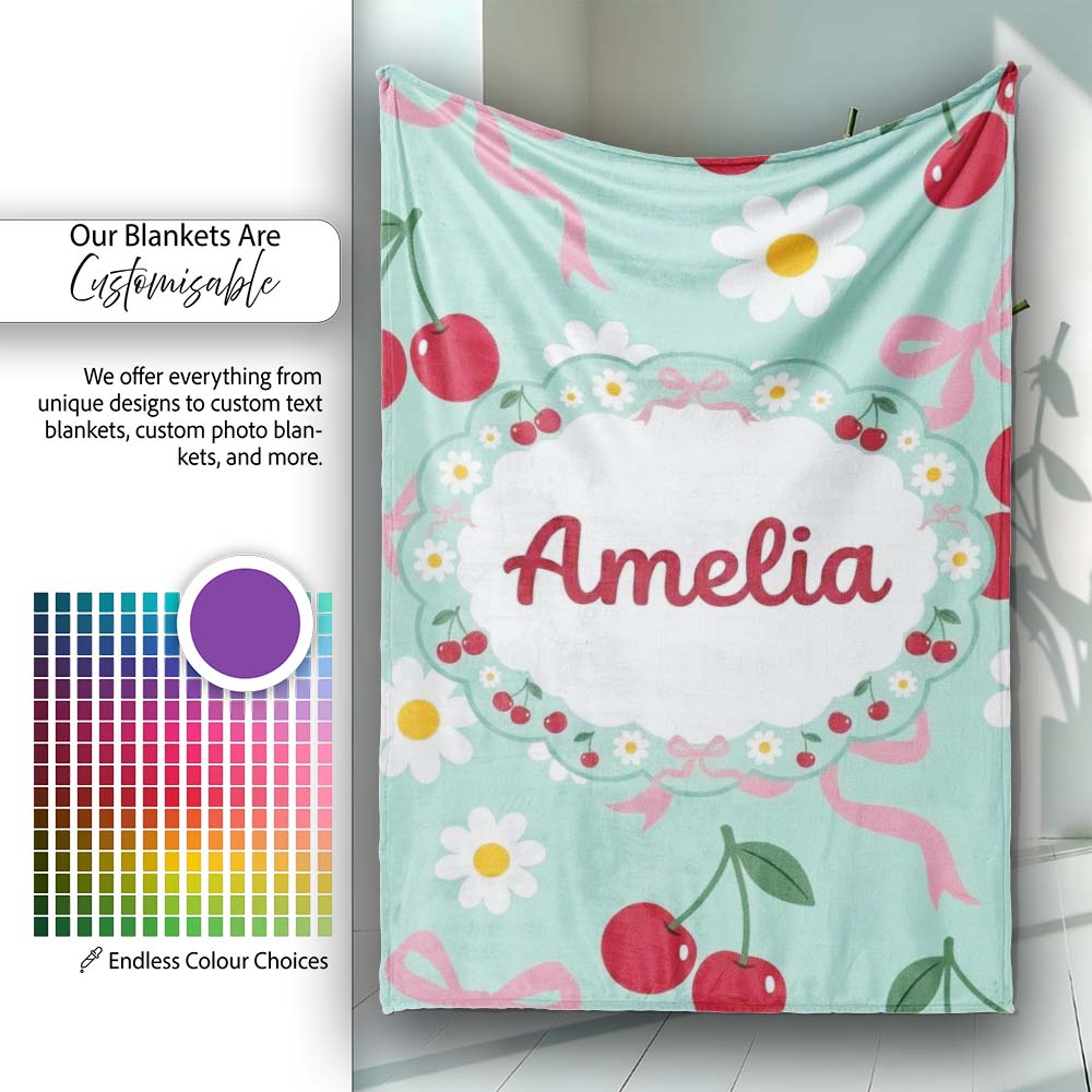 Cute Cherry and Daisy Flowers with Pink Ribbon Bows Pattern Teal Personalised Custom Name Super Soft Fleece Blanket Bed Sofa Throw