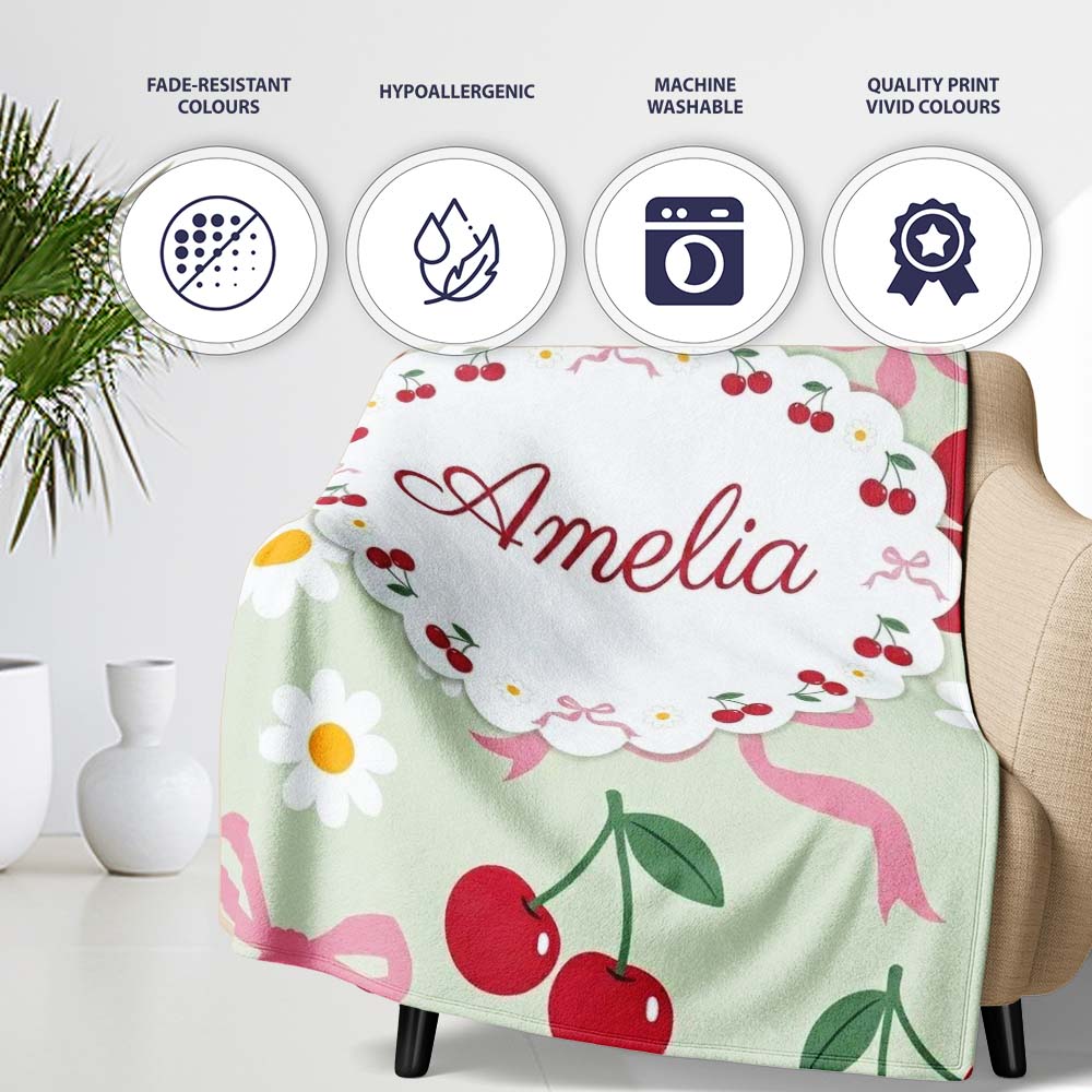 Cute Cherry and Daisy Flowers with Pink Ribbon Bows Sage Green Personalised Custom Name Super Soft Fleece Blanket Bed Sofa Throw
