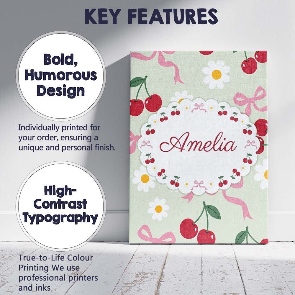Personalised Name Cute Cherry and Daisy Custom Modern Room Accent Elegant Feature Canvas Wall Art Print Decor Picture Ready to Hang