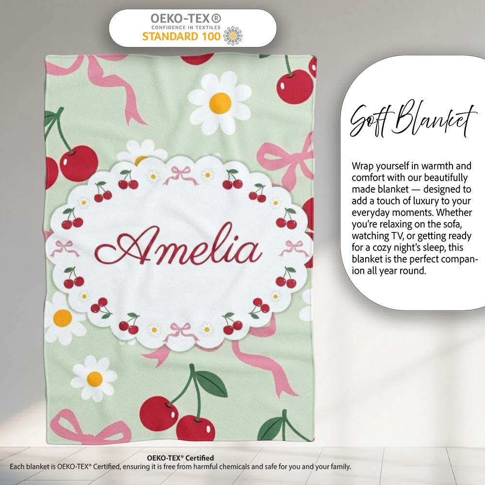 Cute Cherry and Daisy Flowers with Pink Ribbon Bows Sage Green Personalised Custom Name Super Soft Fleece Blanket Bed Sofa Throw