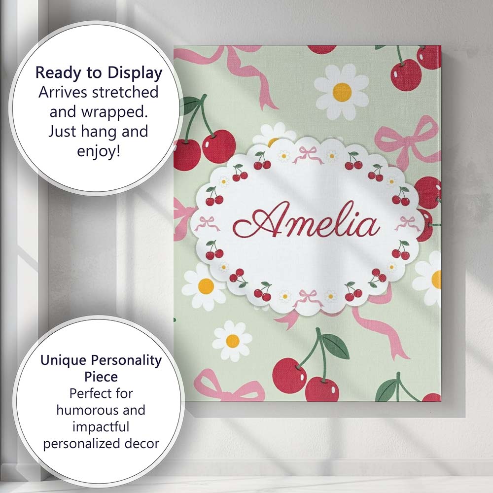 Personalised Name Cute Cherry and Daisy Custom Modern Room Accent Elegant Feature Canvas Wall Art Print Decor Picture Ready to Hang